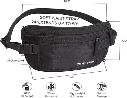 Money Belt for Travel - Hidden Travel Pouch Protect Your Credit and Money With RFID Blocking Passport Holder Waist Wallet (Black)