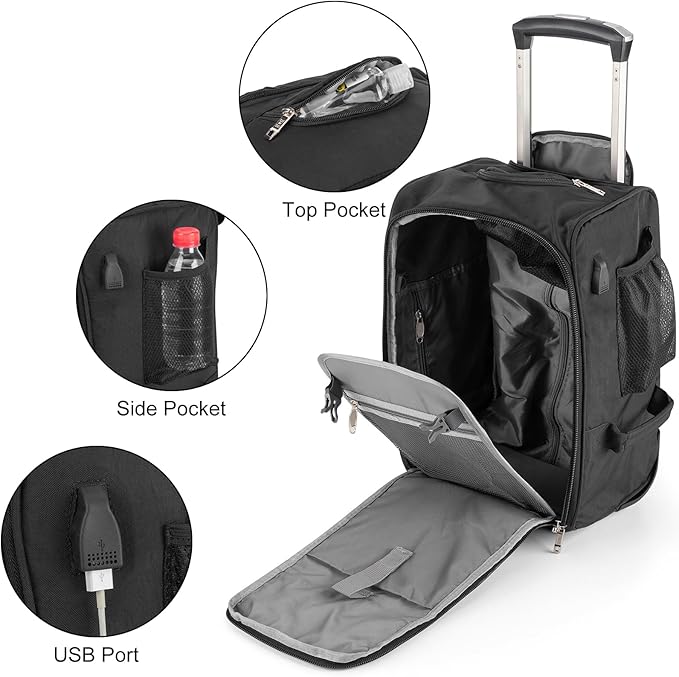 17x10x9 Inches United Airlines Rolling Personal Item Under Seat Travel Bag Suitable For Major Airlines, Not Suitcase, Rolling Travel Bag Design (Black)