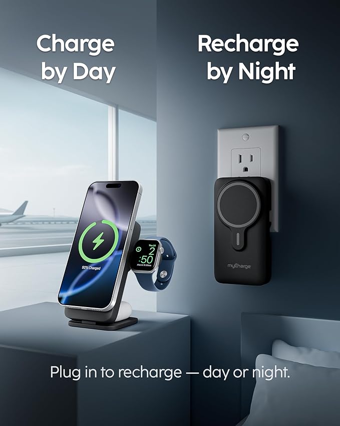 myCharge EcoHub 3-in-1 Magnetic Wireless Charger & Battery Pack for iPhone, iWatch, AirPods - 6,000mAh Battery | Built-in Wall Plug | 15W Magsafe Wireless Output | Foldable | Charging Station | Black