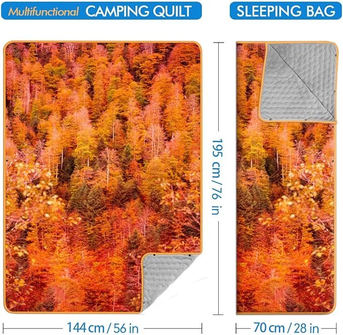 Outdoor Camping Blanket, Warm Thick Blanket with Polar Fleece Packable Down Wearable Camp Blankets with Snap Buttons Soft Puffy Camping Quilt for Cold Weather (Woods, 76'' x 56'')