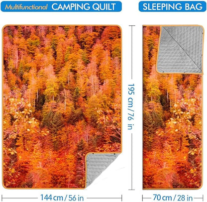 Outdoor Camping Blanket, Warm Thick Blanket with Polar Fleece Packable Down Wearable Camp Blankets with Snap Buttons Soft Puffy Camping Quilt for Cold Weather (Woods, 76'' x 56'')