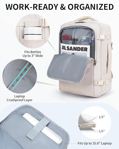 ECOHUB 17" Small Unisex Travel Backpack United Airlines Approved 17x10x9 Friendly Suitcase Anti-Theft Lockable Zippers Style Personal Item Bag Travel Essentials with 12 Pockets Water Resistant, White