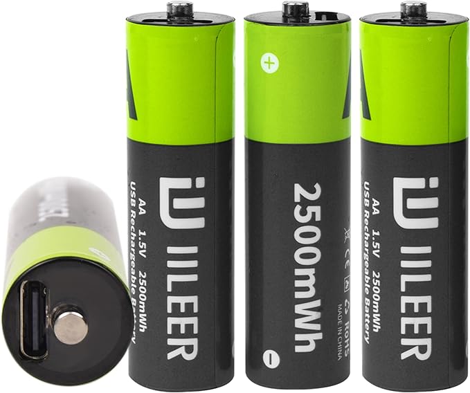 USB-C Rechargeable AA Batteries 4-Pack - 2500mWh Lithium Ion, 1.5V, 1200+ Charge Cycles, Includes 2-in-1 USB Charging Cable, LED Charge Indicator, Fast Charging in 1.5 Hours (Black Green) (24)