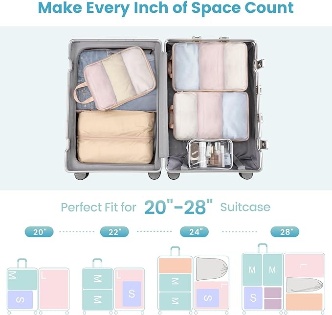 Cambond Mesh Compression Packing Cubes - 6 Set See Through Clear Packing Cubes with Shoe Toiletry Bag for Travel Suitcase, Expandable Travel Cubes for Suitcase Organizer Bags Set, Khaki