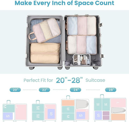 Cambond Mesh Compression Packing Cubes - 6 Set See Through Clear Packing Cubes with Shoe Toiletry Bag for Travel Suitcase, Expandable Travel Cubes for Suitcase Organizer Bags Set, Khaki