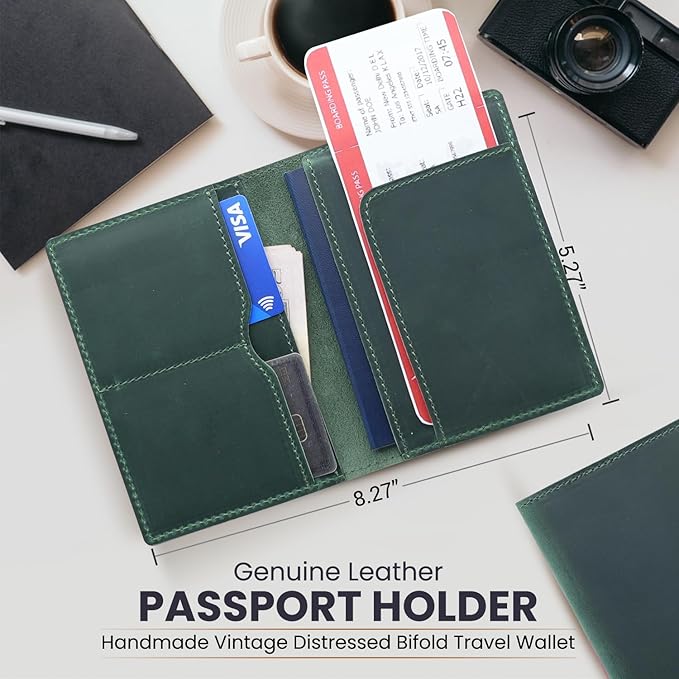 Leather Passport Holder with Travel Wallet, Genuine Leather Passport Cover- Passport Wallet, Leather Folding Wallet for Passports (Straight Cut, Green)