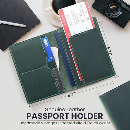 Leather Passport Holder with Travel Wallet, Genuine Leather Passport Cover- Passport Wallet, Leather Folding Wallet for Passports (Straight Cut, Green)