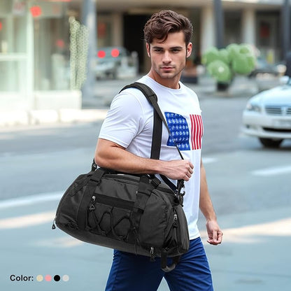 Unisex Travel Duffle Bag for Men Women, Waterproof Gym Bag with Shoe Compartment & Football Compartment, 32L Carry on Bag for Sports & Fitness, Black