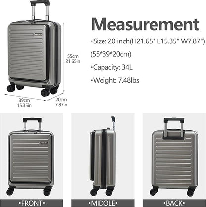 TydeCkare 20 Inch Carry On Luggage with Front Pocket, 21.65 * 15.35 * 7.87" Suitable for Airplane Overhead Bin, 34L Lightweight PC+ABS Hardshell with YKK Zipper, TSA Lock Approved, Dark Gray