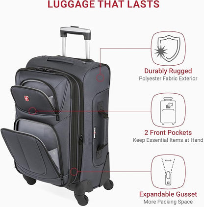 SwissGear Sion Softside Expandable Luggage – Carry-On Suitcase with 360 Degree Wheels & Retractable Handle – 21 Inch, Perfect for 1-3 Night Trips – Dark Gray