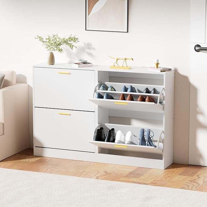 JOZZBY Shoe Cabinet Storage for Entryway, Slim White Hidden Shoe Organizer Cabinet with 2 Flip Drawers, Wooden Narrow Shoe Rack with 2 Tier Freestanding for Hallway, Living Room