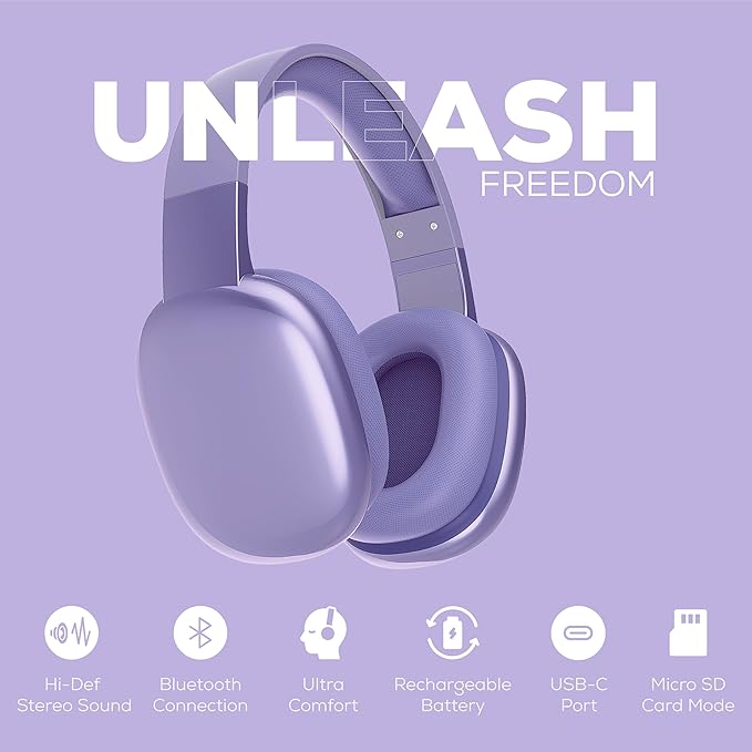 Gabba Goods Wireless Over Ear Bluetooth Headphones with Microphone - Wireless Headset -Noise Reduction - Bluetooth, Wired,Built in Micro SD for Travel, Home, Work TV,PC,Gaming,Cellphone (Lavender)