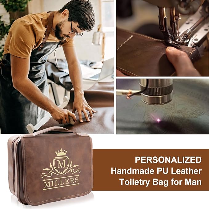 Leather Toiletry Bag For Men, Waterproof PU Leather Dopp Kit, Personalized Hanging Travel Organizer Bag for Father, Husband, Boyfriend (Produced in USA)