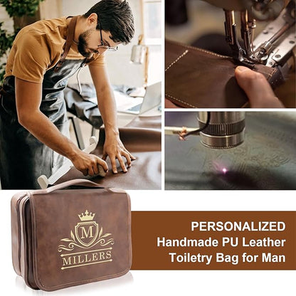 Leather Toiletry Bag For Men, Waterproof PU Leather Dopp Kit, Personalized Hanging Travel Organizer Bag for Father, Husband, Boyfriend (Produced in USA)