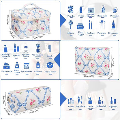 Makeup Bag Set, Quilted Makeup Bag, Large Floral Cosmetic Bag for Women, Cute Cotton Makeup Bags, Flower Travel Toiletry Organizer Bag (Blue Flower)