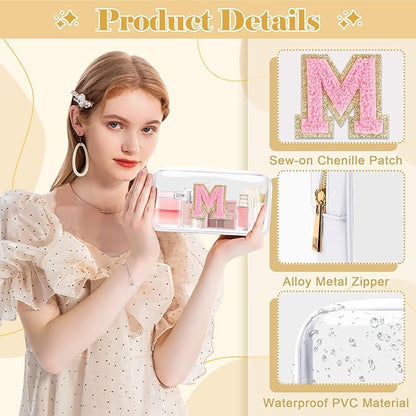Personalized Initial Letter Clear Makeup Bag,Preppy Small Nylon&PVC Cosmetic Zipper Bag with Chenille Letter,Travel Skincare Toiletry Bag,Monogram Christmas Gift for Teen Girls Women,M