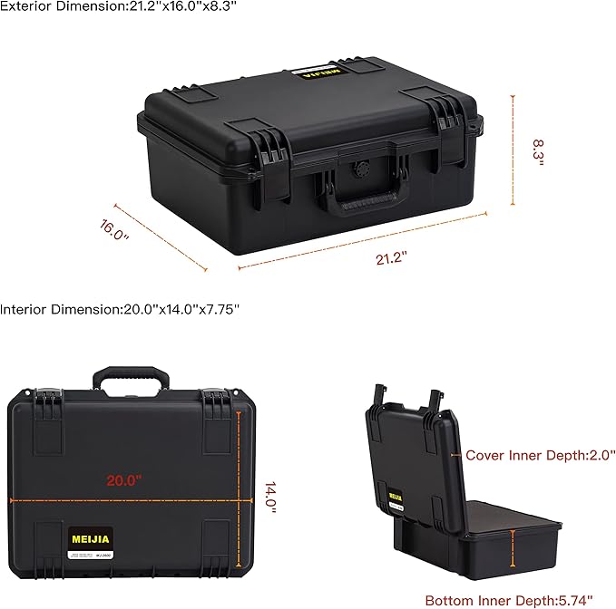 MEIJIA Portable Premium Waterproof Hard Compact Compact Case with customizable fit foam,Lightweight and Strong Design,21.2"x16.0"x8.3",Elegant Black