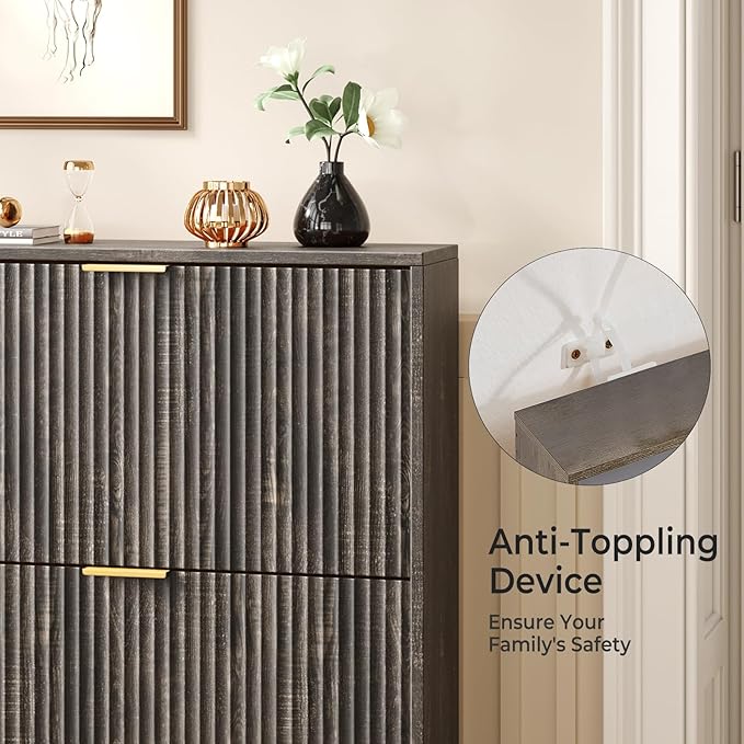 31.5''W Black Shoe Storage Cabinet for Entryway with 2 Flip Drawers, Fluted Slim Shoe Cabinet, Free Standing Wooden Shoes Organizer for Foyer, Hallway