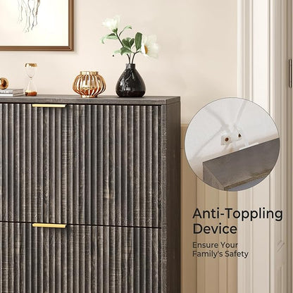 31.5''W Black Shoe Storage Cabinet for Entryway with 2 Flip Drawers, Fluted Slim Shoe Cabinet, Free Standing Wooden Shoes Organizer for Foyer, Hallway
