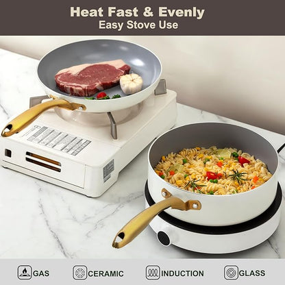 ceramic cookware set,Healthy,Non Toxic,Pots and Pans Set non stick,14-Pcs Kitchen induction cooking Sets, nonstick Pot and Pan Set with silicione Utensils,PFOS/PFOA Free,Cream and Gold