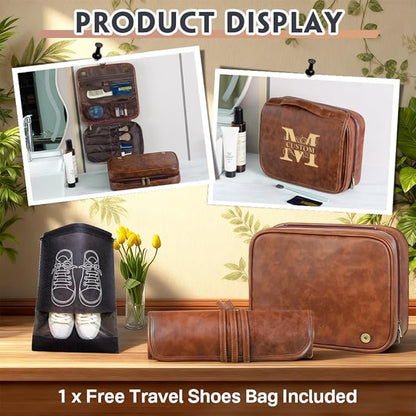 HDSD Custom 3-in-1 PU Leather Toiletry Bag For Men Personalized Hanging Travel Organizer Bag for Father Husband Boyfriend (Dark Brown)