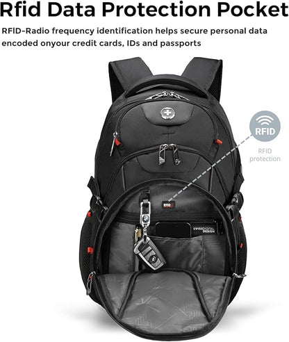 Swissdigital Design Laptop Backpack with USB Charging Port, Travel Backpack Fits 15.6 inches Computer, 31L College School Backpack for Men, Black | SD803-01