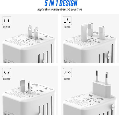 Universal International Power Travel Plug Adapter, 5 in 1 European Travel Plug Adapter W/ 3.5A 2xUSB-A and 2xUSB C Wall Charger and Worldwide AC Outlet for Europe USA UK AUS Asia (White Gold)