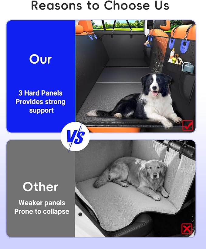 Dog Car Seat Cover for Back Seat, Superior Hard Bottom Back Seat Extender for Dogs, 100% Waterproof & Anti Scratch, Hold 500lbs Dog Hammock for Car SUV Trunk, Back Seat Pet Cover for Dogs, Blue