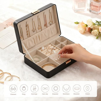 Jewelry Box Travel Jewelry Organizer Case for Women | Portable Storage for Earrings, Necklaces, Rings, Bracelets Gift Ready Box Black
