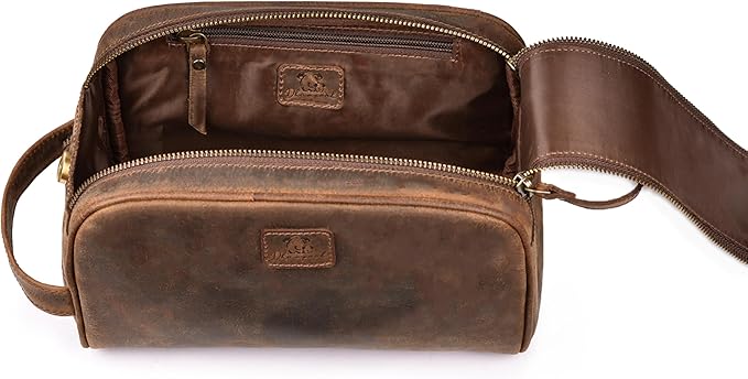 King-Size Premium Leather Toiletry Travel Pouch – Handcrafted Vintage Dopp Kit Bag with Waterproof Lining, Spacious Design for Travel Essentials, Elegant Brown Finish