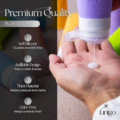 unigo Travel Bottles For Toiletries, 5-pack 3.oz TSA Aprroved Travel Size Bottles, Containers For Toiletries, BPA Free, Leak Prrof, Refillable Containers Bottles (MultiColor A)