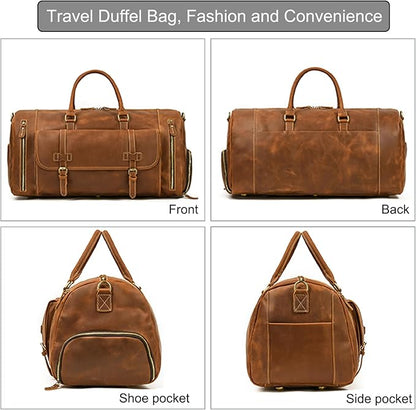 Full-grain Genuine Leather Travel Bag Large Capacity Duffel Luggage Bag with Shoe Compartment, Men Women Shoulder Bag for Weekend Holiday Business Trip, Light Brown