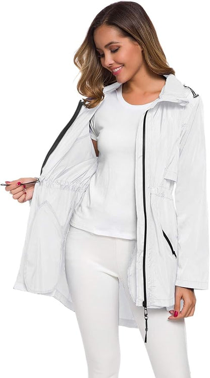Avoogue Women's Long Raincoat with Hood Outdoor Lightweight Windbreaker Rain Jacket Waterproof