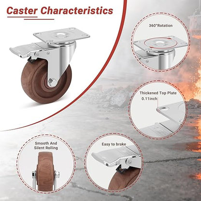 Nefish 4 Inch Casters Wheels, Heavy Duty Casters Set of 4, Durable Castor Wheels with Brake 2000 LBS, High Temperature Casters Glass Filled Nylon Wheels for Workbench, Industrial (-40°F to + 475°F)