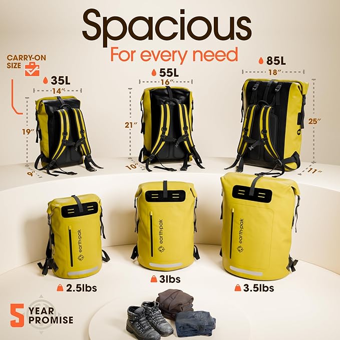 Earth Pak Waterproof Backpack - Heavy Duty Roll-Top Closure with Easy Access Front-Zippered Pocket and Cushioned Padded Back Panel for Comfort with IPX8 Waterproof Phone Case, Yellow, 85L, Messenger