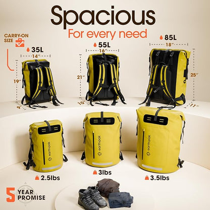 Earth Pak Waterproof Backpack - Heavy Duty Roll-Top Closure with Easy Access Front-Zippered Pocket and Cushioned Padded Back Panel for Comfort with IPX8 Waterproof Phone Case, Yellow, 85L, Messenger