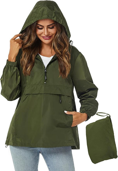 Avoogue Womens Rain Jacket with Hood,Pullover,Packable,Lightweight,Windbreaker,Waterproof,Breathable.