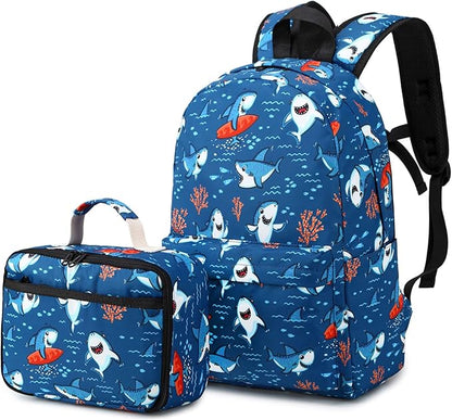 CAMTOP Backpack for Kids, Boys Preschool Backpack with Lunch Box Toddler Kindergarten Shark School Bookbag Set (Y028-2 Shark-Navy Blue)