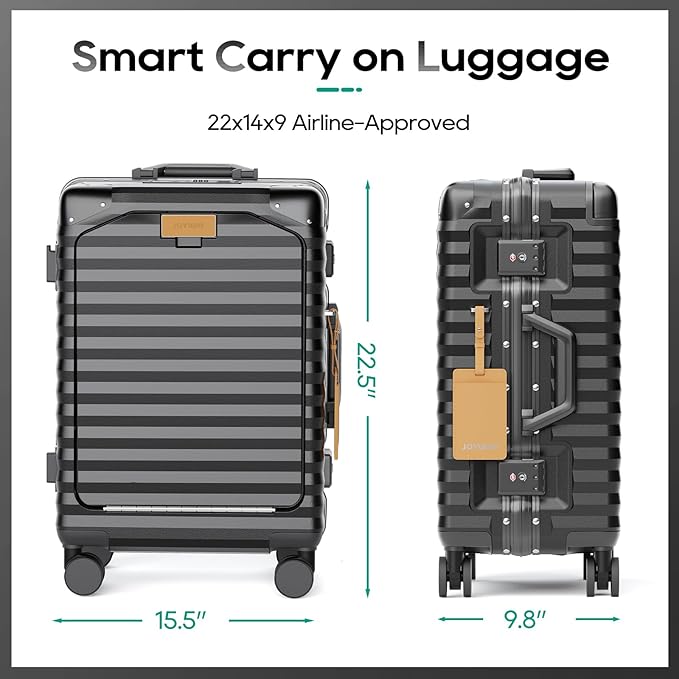 Joyway 20 Inch Carry on Luggage with Aluminium Frame and Front Pocket, PC Hardshell Suitcase with USB Port and Cup Holder, 21.5x14.2x9 Airline Approved, Luggage with Spinner Wheels and TSA Lock (Grey)