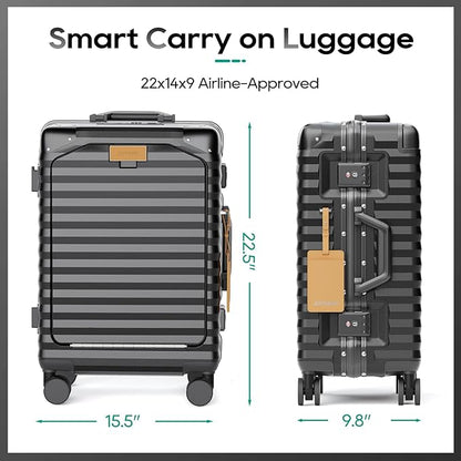 Joyway 20 Inch Carry on Luggage with Aluminium Frame and Front Pocket, PC Hardshell Suitcase with USB Port and Cup Holder, 21.5x14.2x9 Airline Approved, Luggage with Spinner Wheels and TSA Lock (Grey)