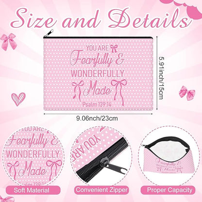 Hillban 36 Pcs Christian Gifts for Women Christian Pink Bow Makeup Bags Bible Verse Cosmetic Bag Inspirational Pencil Case with Zipper Coquette Bowknot Travel Organizer Pouch for Wedding Bachelorette