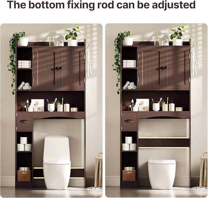 Gizoon Over The Toilet Storage Cabinet, Over Toilet Bathroom Organizer with Adjustable Shelves and 2 Doors, Over Toilet Storage Cabinet with Paper Holder, 2 Side Hooks, Space-Saver, Dark Brown