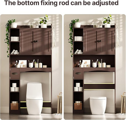 Gizoon Over The Toilet Storage Cabinet, Over Toilet Bathroom Organizer with Adjustable Shelves and 2 Doors, Over Toilet Storage Cabinet with Paper Holder, 2 Side Hooks, Space-Saver, Dark Brown