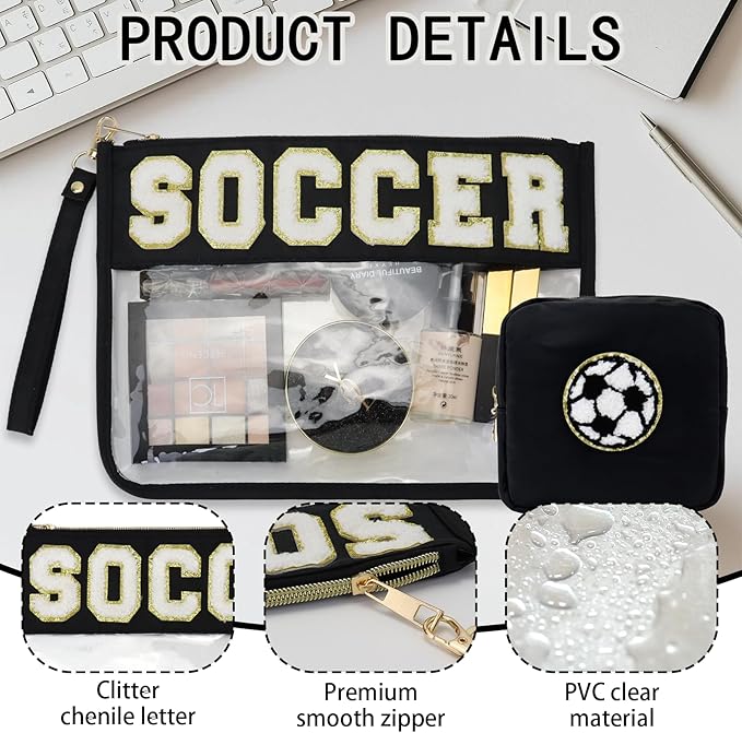 2 Pcs Soccer Gifts Cosmetic Makeup Bag with Chenille Letter Patch,with Handles PVC Waterproof Clear Makeup Bag,Portable Toiletry Storage Bag,Players & Fans Birthday, Team or Sports Lover Presents