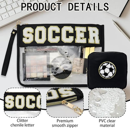 2 Pcs Soccer Gifts Cosmetic Makeup Bag with Chenille Letter Patch,with Handles PVC Waterproof Clear Makeup Bag,Portable Toiletry Storage Bag,Players & Fans Birthday, Team or Sports Lover Presents