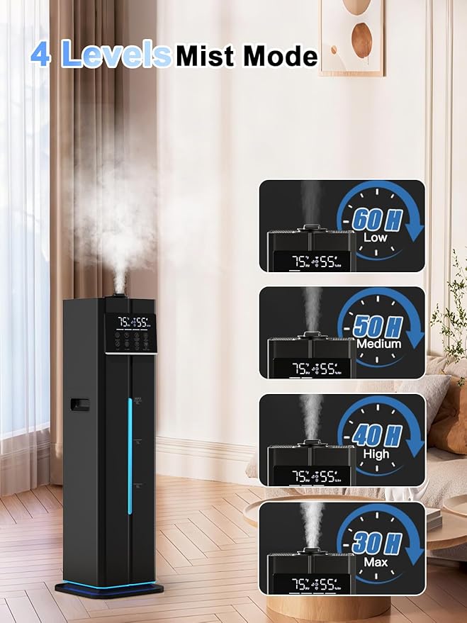 9L/2.4Gal Smart Cool Mist Humidifier, Top Fill Quiet Humidifier Large Room, Covers 550ft², App & Remote Control, 60H Runtime, 7 Colors Light, 4 Mist Modes Humidifiers for Bedroom, Office, Black