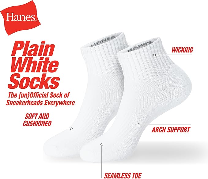 Hanes Unisex Plain White Socks Pack or Plain Black Socks Pack, Men's, Women's & Teen Sizes, Crew and Ankle 6-Packs
