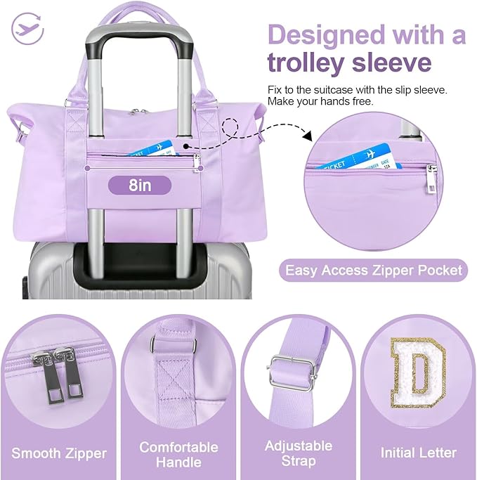 Dance Gym Duffel Bag for Teen Girls, Personalized Initial Travel Weekender Bag,Cute Overnight Carry On Duffle for Women,Sports Travel Cheer Bag,Monogram Christmas Gifts for Tween Preppy(purple-D)