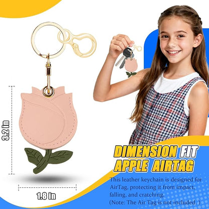 Leather Keychain for Airtag, Cute Protective Keychain Holder Compatible with Apple Air Tag,GPS Item Tracker Case Cover for Keys,Bags,Pets,Luggage(Rose)