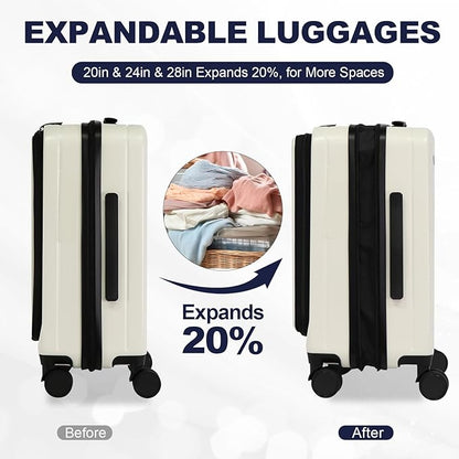 Merax Luggage Sets 3 Piece,Front Open PC Hardshell Expandable Carry on Suitcase with Spinner Wheels and TSA Lock,Lightweight 20in/24in/28in Luggage,Creamy White